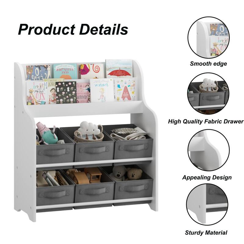 Anmytek Kids Bookshelf with 6 Fabric Storage Bins, Multi-Functional Children's Bookcase and Toy Organizer