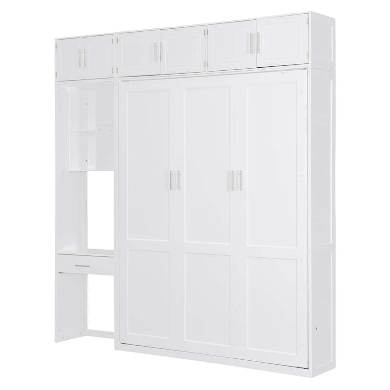 Space-Saving Queen Murphy Bed with Desk, Storage Shelves and Top Cabinets, Foldable Wall Bed in White
