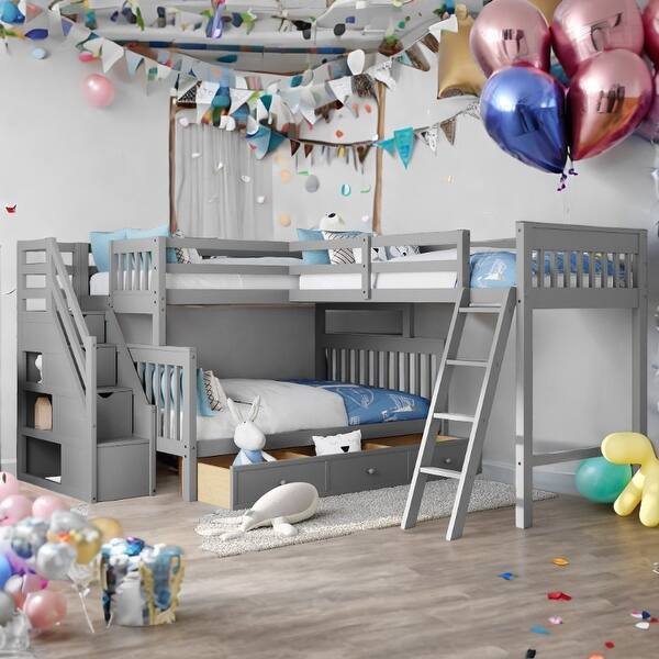 slide 2 of 16, L-Shaped Twin over Full Bunk Bed With 3 Drawers,Ladder and Staircase,Kids Bed Design Grey