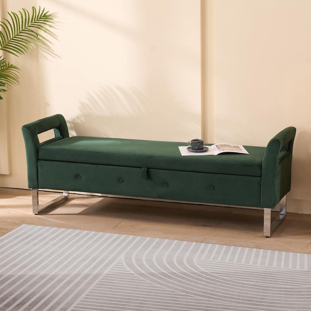 67.91" End of Bed Storage Bench, Velvet Upholstered Window Entryway Shoe Ottoman Bench with Armrest for Bedroom
