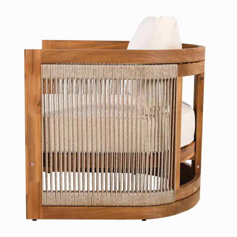 Outdoor Acacia Wood Curved Design Club Chair with Woven Rope, Cushions