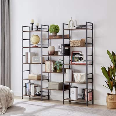 Industrial Style Metal Frame Triple Wide 5-shelf Bookshelves with Large Open Storage