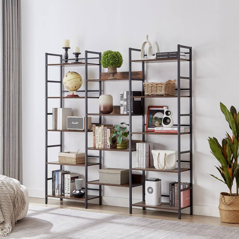 Industrial Triple Wide Wooden 5-shelf Bookshelves