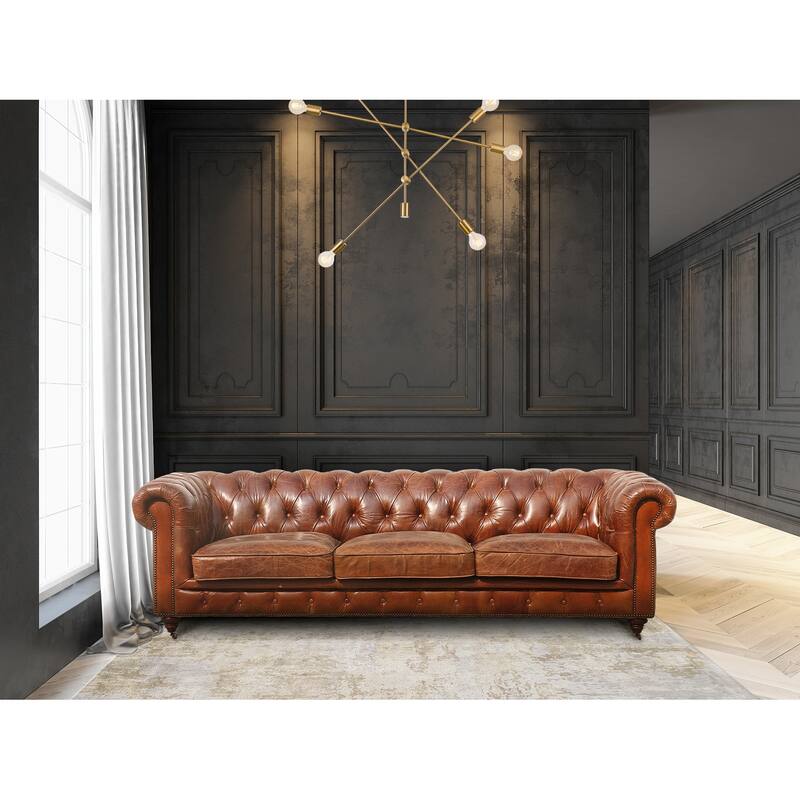 Pasargad Home Paris Club Chesterfield Tufted Sofa, Brown - 28.7'' H x 97.2'' W x 39'' D