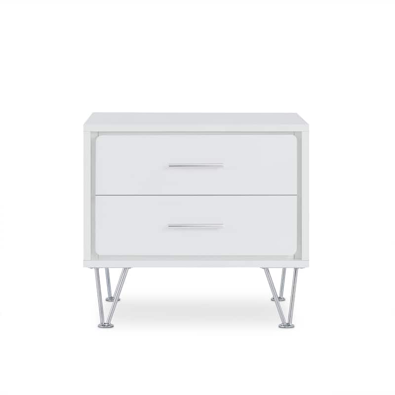 Wood Contemporary Nightstand with 2 Drawers and Metal Legs