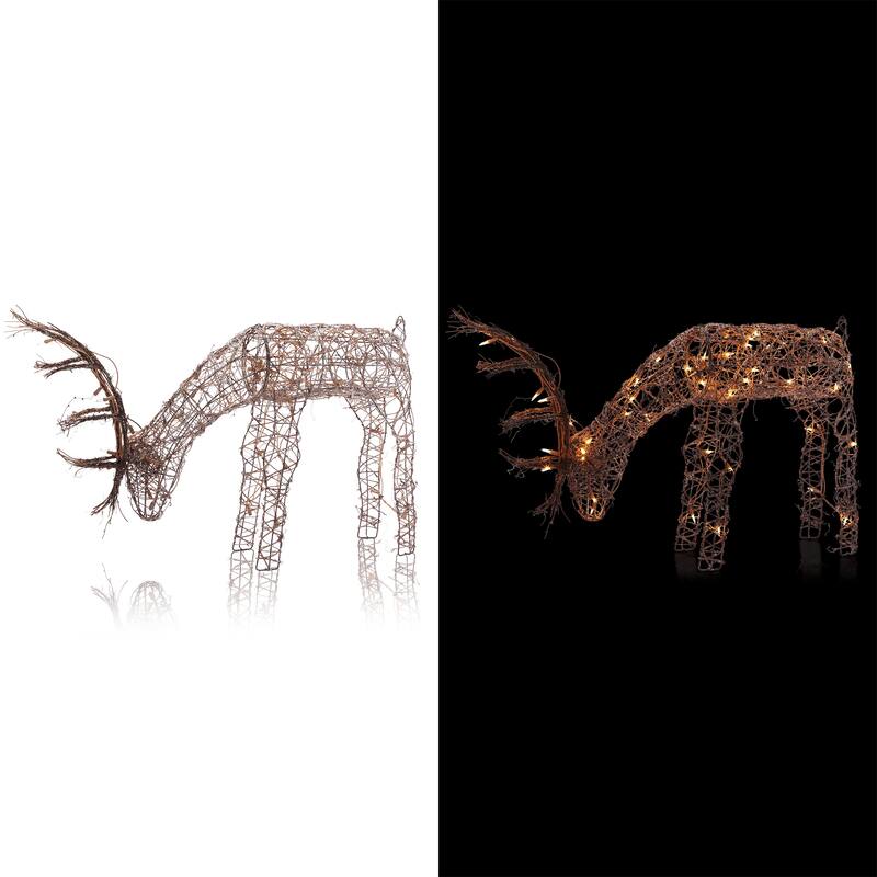 Alpine Corporation Outdoor Rattan Grazing Christmas Reindeer Lawn Decoration with White Halogen Lights