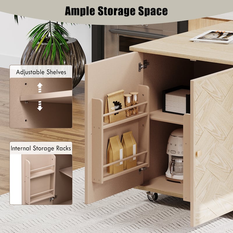 51.2" Wood Rolling Kitchen Island w/ Drop Leaf, Internal Storage Rack