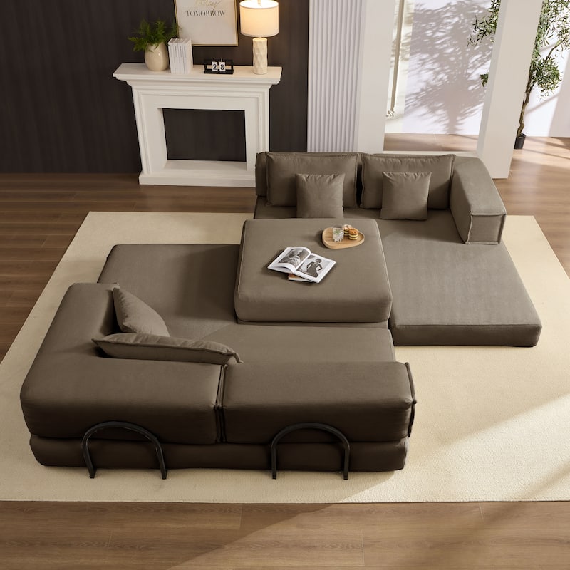 DIY Modular Corduroy L-Shaped Floor Sofa Set with 6 Pillows