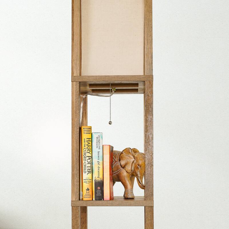 Pinnacle Shelf Floor Lamp For Bedroom/Living Room, Natural Wood with Long Shade - Natural Wood,White
