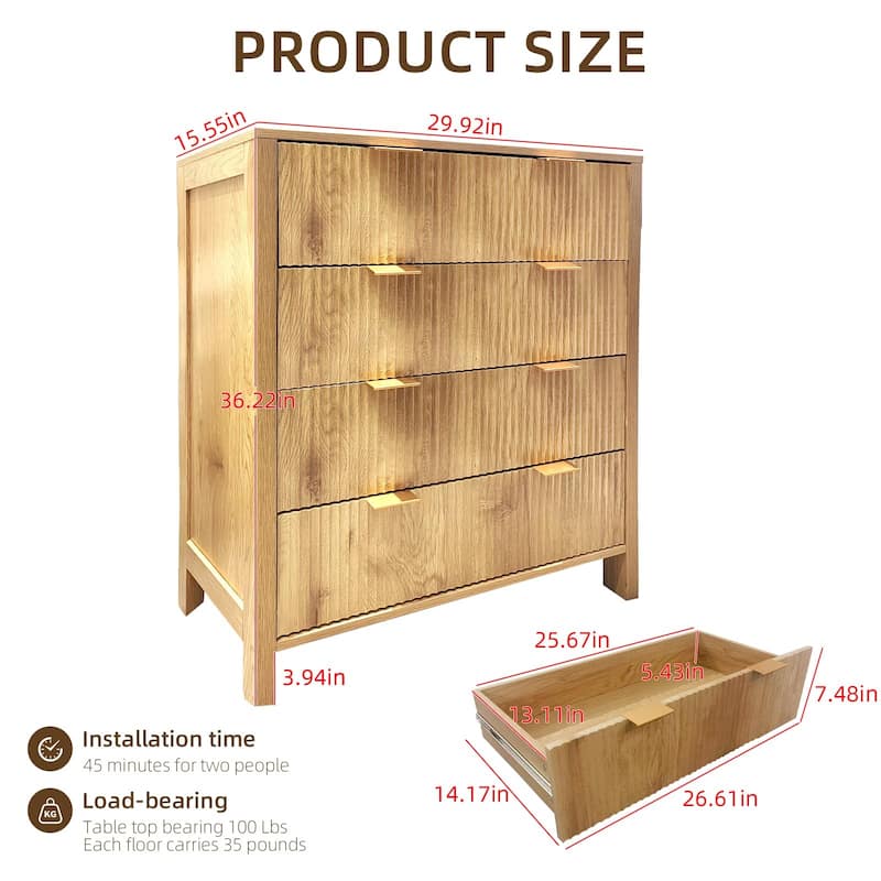 4 Drawer Fluted Dresser for Bedroom, Modern Wood Chest with Gold Handles, Narrow Storage Cabinet or TV Stand
