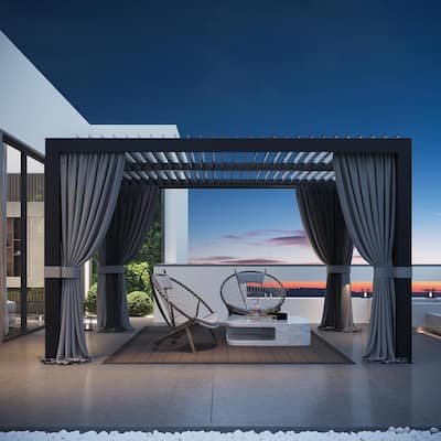 Louvered Pergola 10'x12' with USB Charging Port Deck, Netting and Curtains for Patio Deck Garden, Black