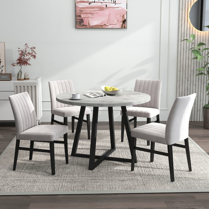 Roundhill Furniture Edo 5-Piece Dining Set, Round Table with 4 Upholstered Chairs, - Tan