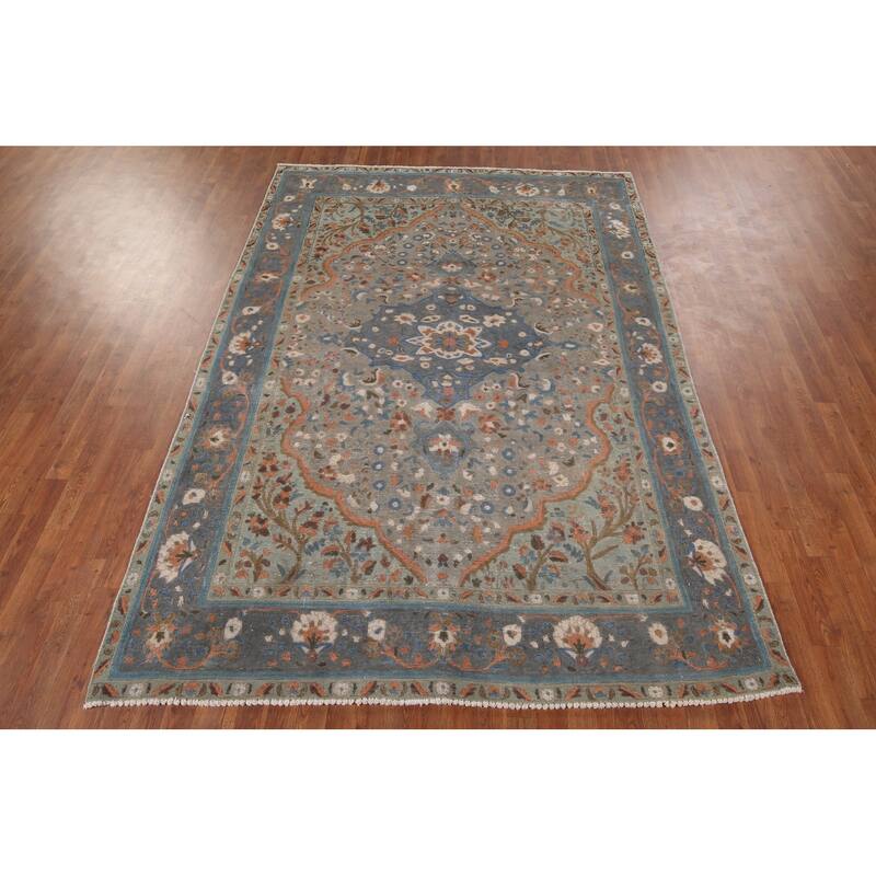 Distressed Tabriz Persian Vintage Area Rug Handmade Grey Wool Carpet - 6'8" x 9'8"