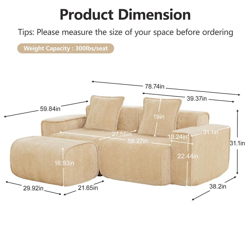 Streamlined Design Modular 2 Seat L Shape Boneless Velvet Fabric Sofa with 1 Movable Ottoman - 8' x 10'