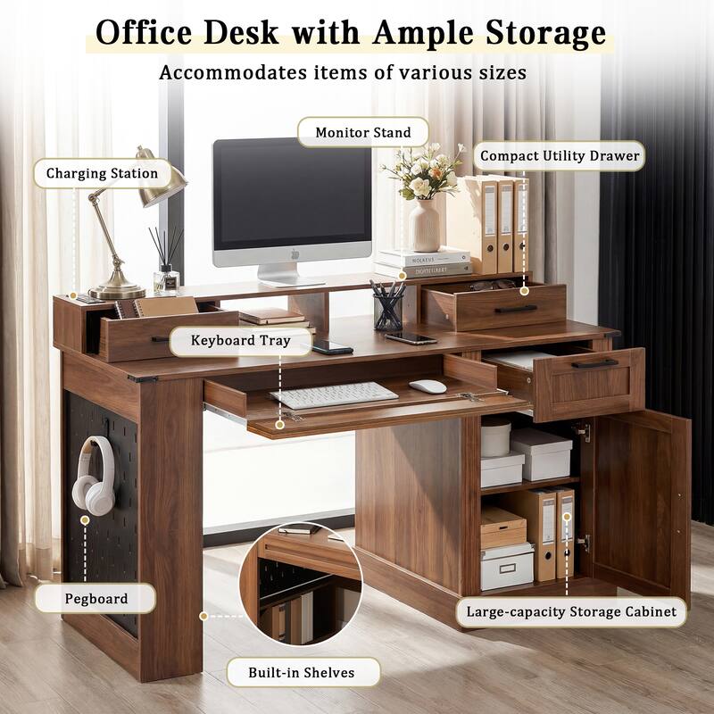 55" Farmhouse Office Desk with Storage, Charging Station, Barn Door & Keyboard Tray