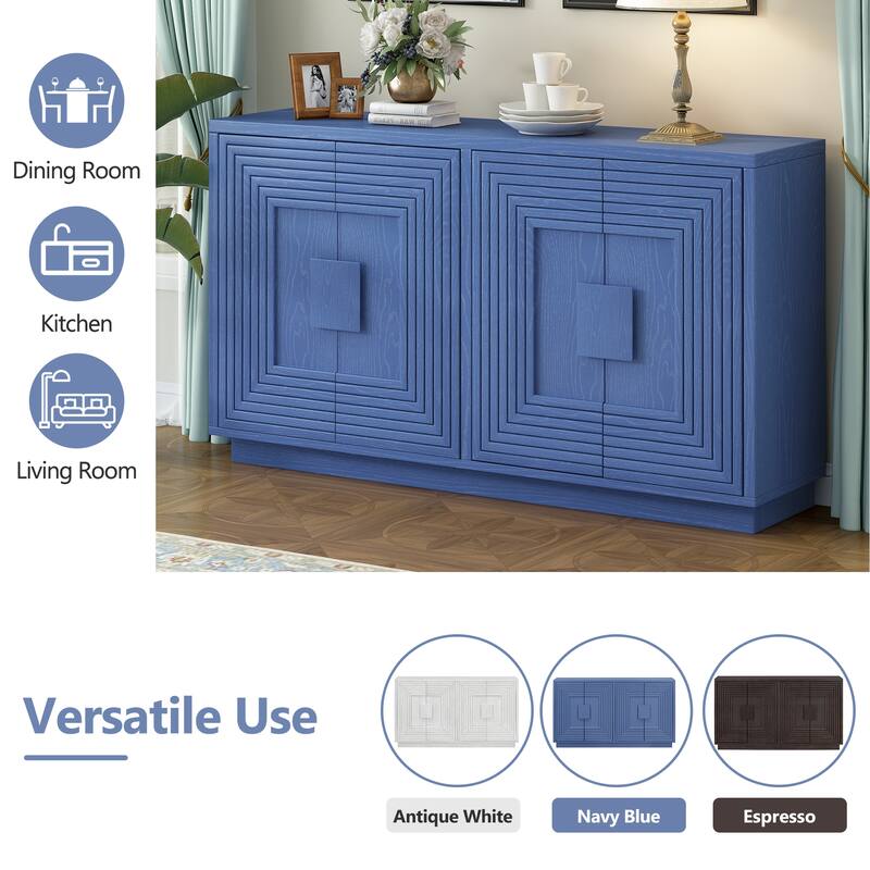 Vintage Distressed 4-Door Sideboard with Adjustable Shelves and Geometric Pattern for Dining Room, Kitchen and Living Room