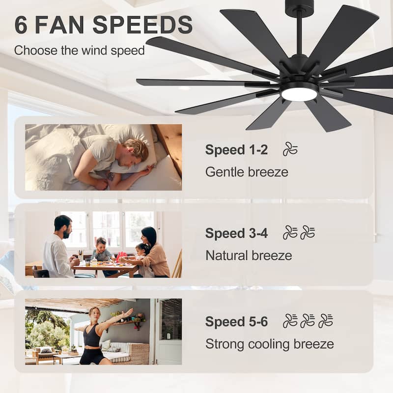 62"/72" Reversible 10-Blade Large LED Ceiling Fan with Light and Remote