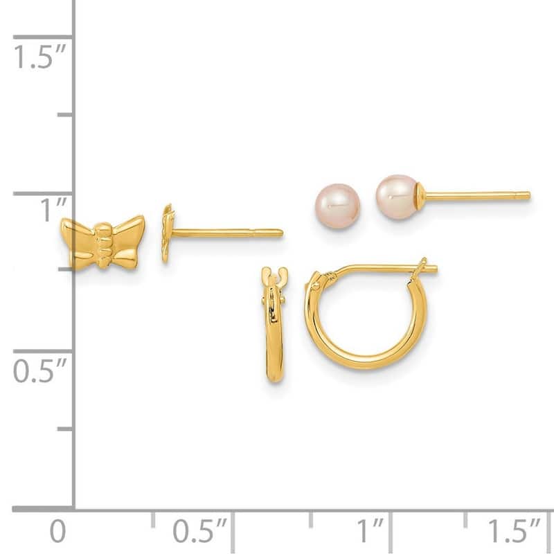 Curata 14k Yellow Gold 8.5x7mm Butterfly Freshwater Cultured Pearl and Hoop 3 Pair Earrings