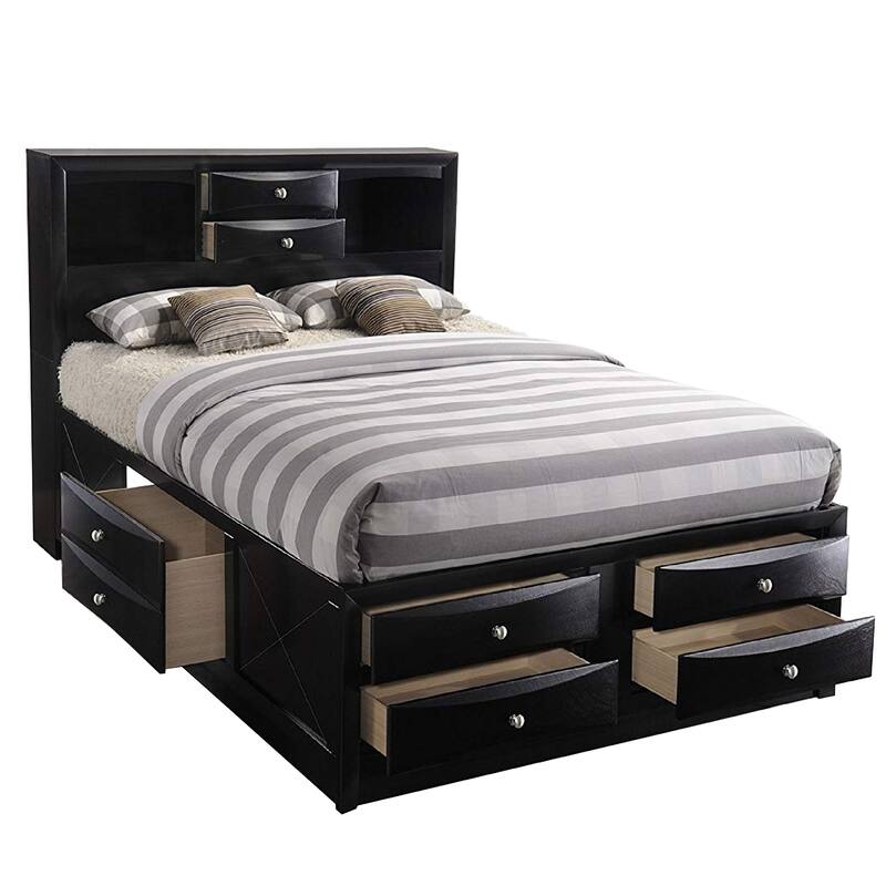 Contemporary Style Queen Size Wooden Storage Bed with Eight Spacious Drawers, Black