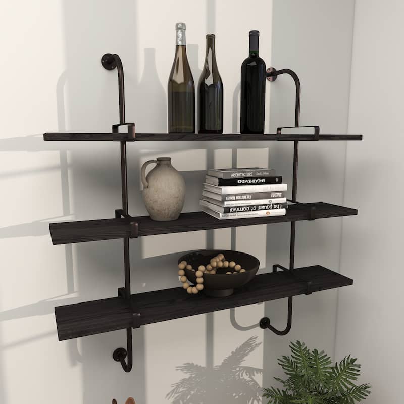 3 Level Wood Wall Shelf with Black Metal Brackets - Brown or Gray