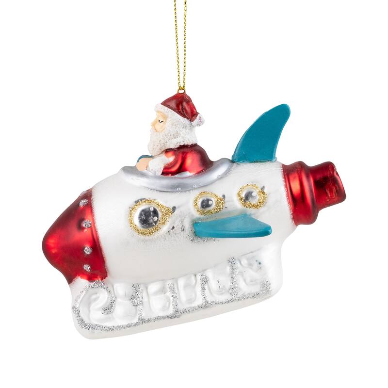 Santa in a Rocket Ship Glass Christmas Ornament - 4.25" - Silver