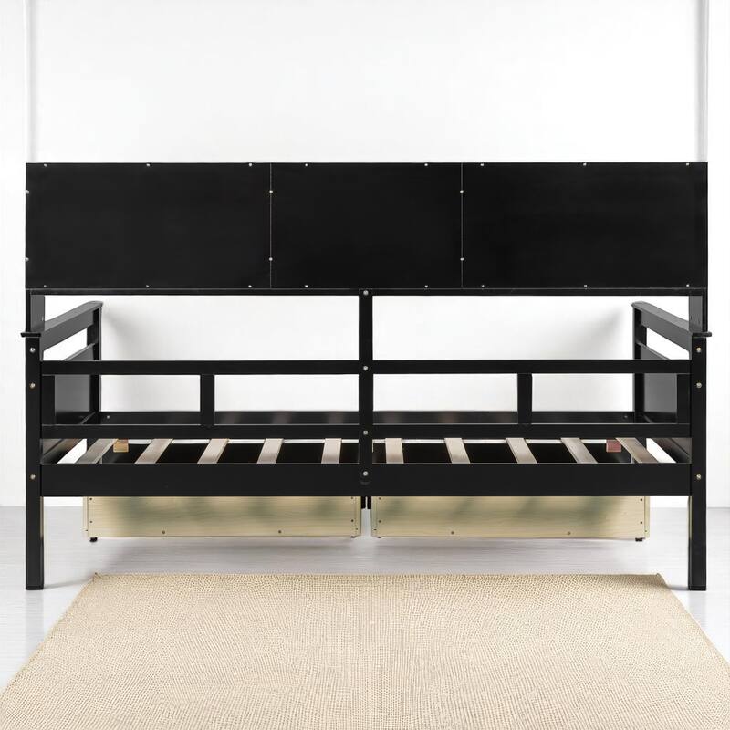 Wooden Twin/Full Daybed with 2 Storage Drawers and Bedside Shelves, No Box Spring Needed, Modern Design