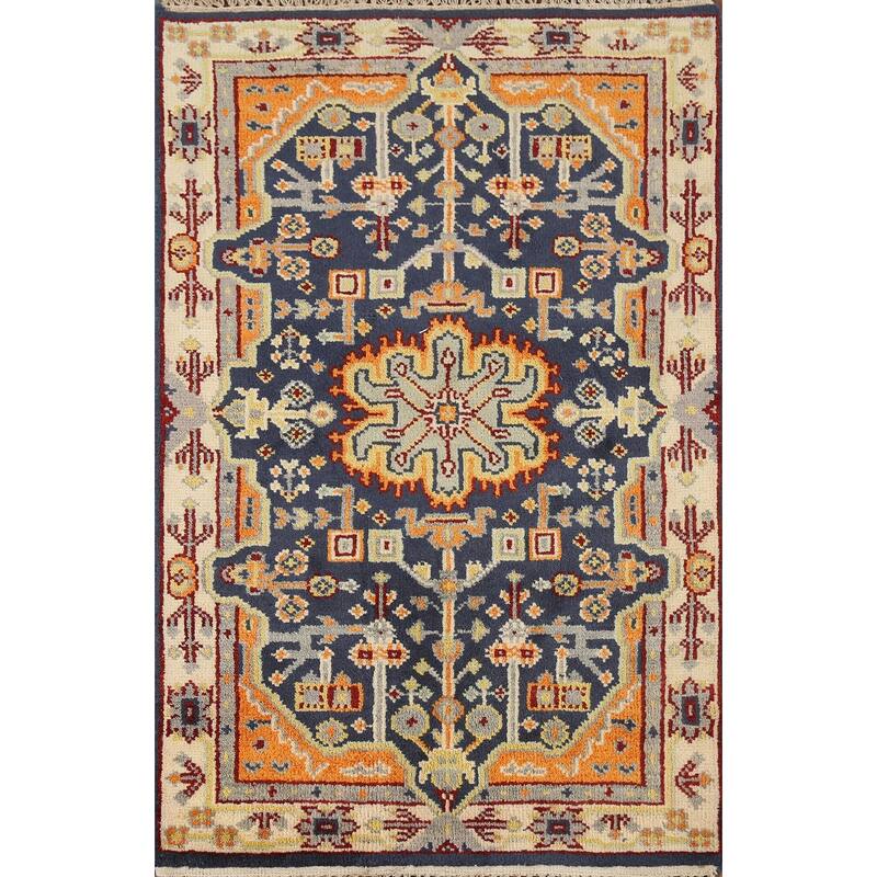Blue Geometric Kazak Indian Accent Rug Handmade Wool Carpet - 2'11"x 5'0"