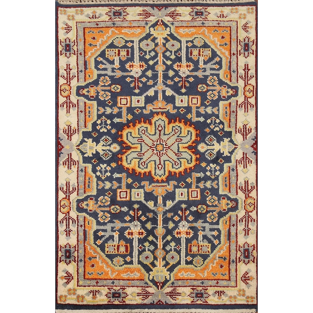 Blue Geometric Kazak Indian Accent Rug Handmade Wool Carpet - 2'11"x 5'0"