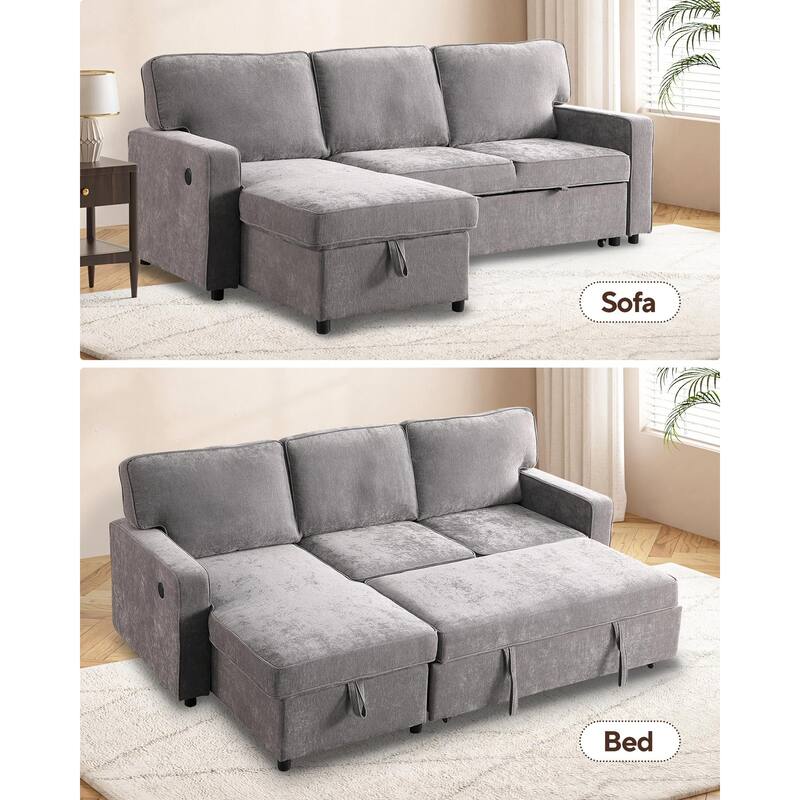 Upholstered Sleeper Sectional Sofa with Storage, USB Ports and Cup Holders, Multi-Functional Modern Sectional Sofa - Grey