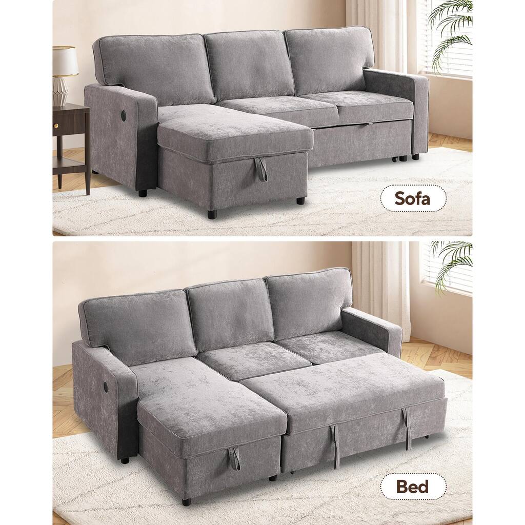 Upholstered Sleeper Sectional Sofa with Storage, USB Ports and Cup Holders, Multi-Functional Modern Sectional Sofa