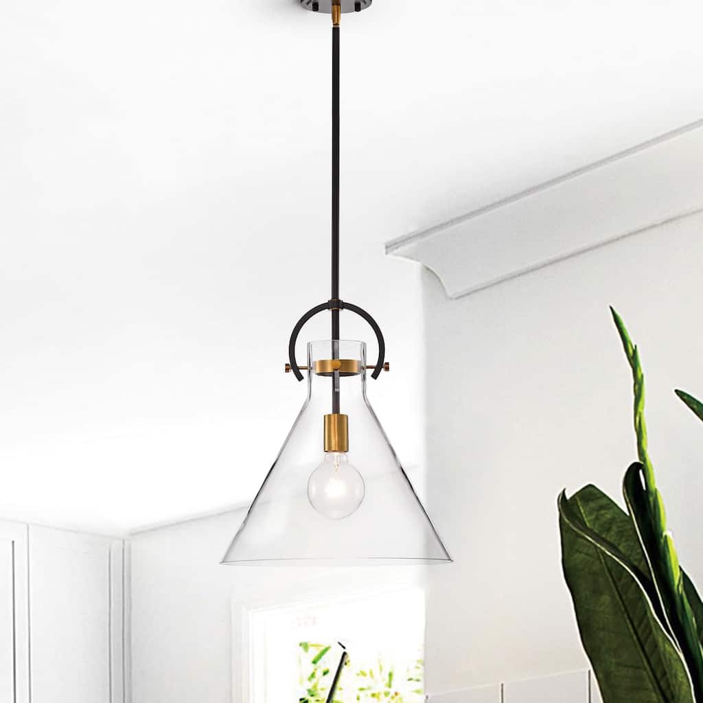 Oil Rubbed Bronze and Antique Gold 1-Light Clear Cone Glass Pendant