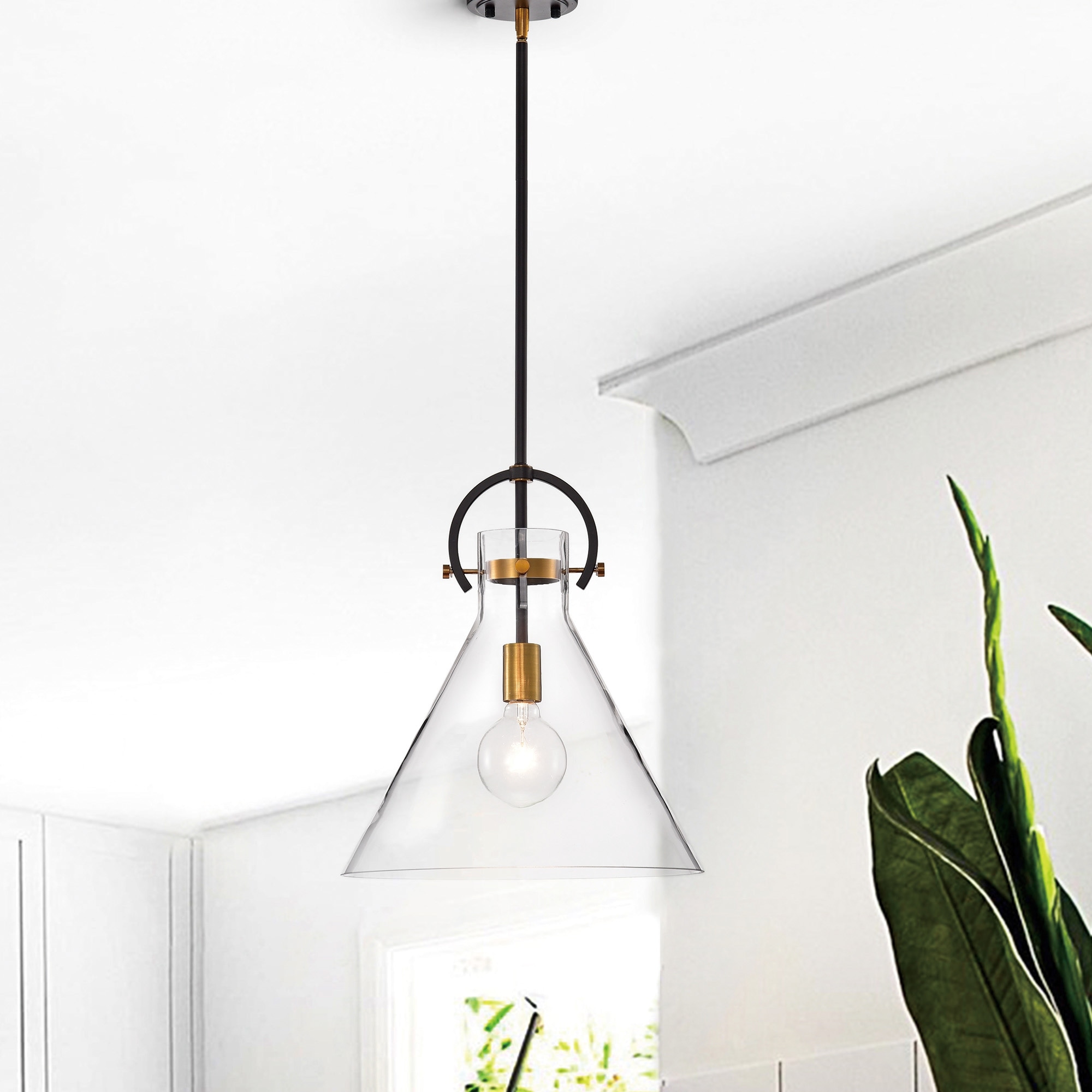 Oil Rubbed Bronze and Antique Gold 1-Light Clear Cone Glass Pendant