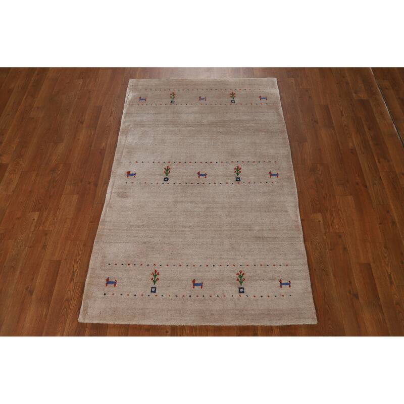 Tribal Gabbeh Indian Foyer Rug Handmade Beige Silk Carpet - 3'1"x 4'11"