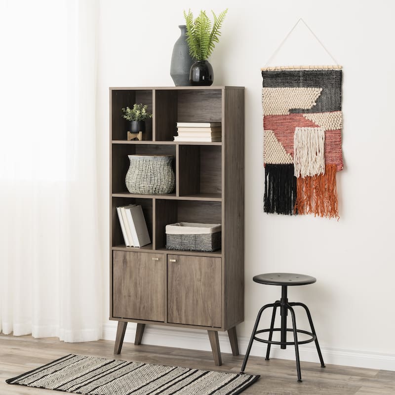 Prepac Milo Mid-Century Modern Bookcase with Six Shelves and Two Doors - 29 in. W x 62.25 in. H x 12 in. D