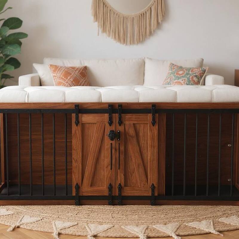 56"L, Furniture Style 2 in 1 Dog Crate with Padded Seat, Sliding Barn Door, Luxury Wooden Dog Kennel