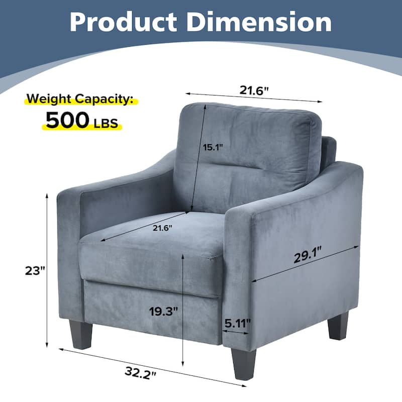 Velvet Upholstered Single Sofa Chair Sectional Couches Mordern Accent Armchair with Wooden Legs for Living Room Bedroom Office