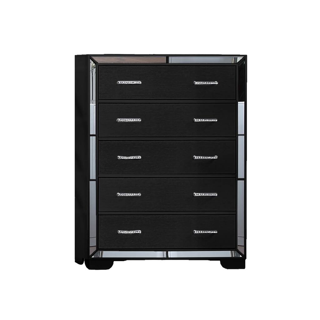 Koi 51 Inch Pine Wood Tall Dresser Chest, 5 Drawers, Mirror Trim, Black