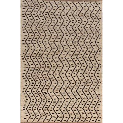 Geometric Beige Moroccan Oriental Area Rug Hand-Knotted Wool Carpet - 6'11" x 9'7"