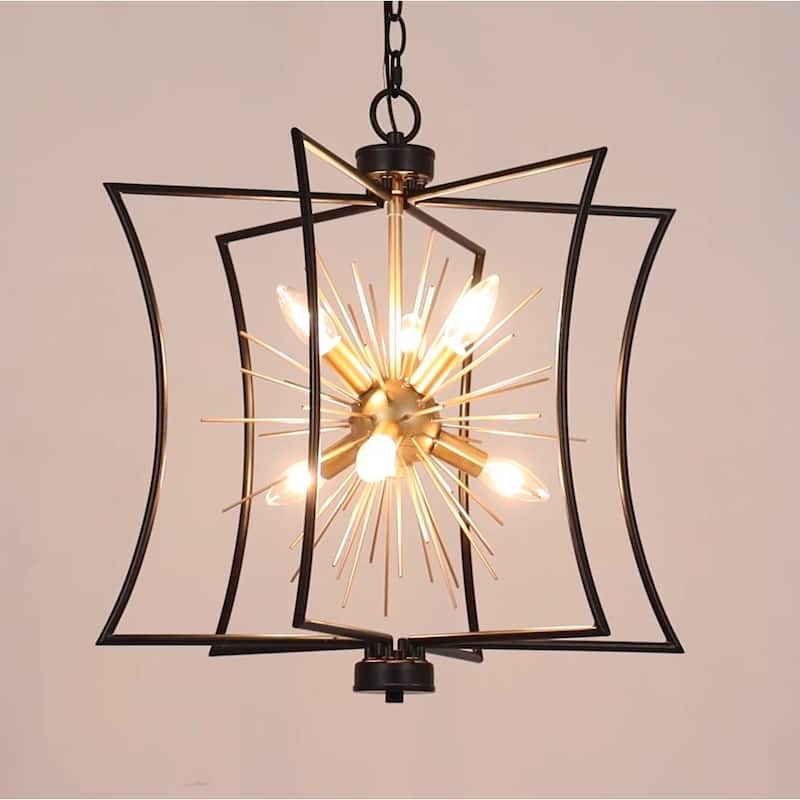 Modern Farmhouse 6-Light Black Gold Sputnik Chandelier Metal Cage Pendant Lighting for Dining Room - 20.5" D x 21.5'' H
