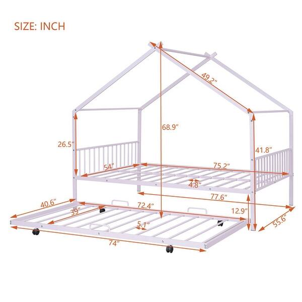 dimension image slide 0 of 6, Twin/Full Size Metal House Bed with Twin Size Trundle, Playhouse Bed Montessori Bed House Platform Bed with Roof Frame for Kids