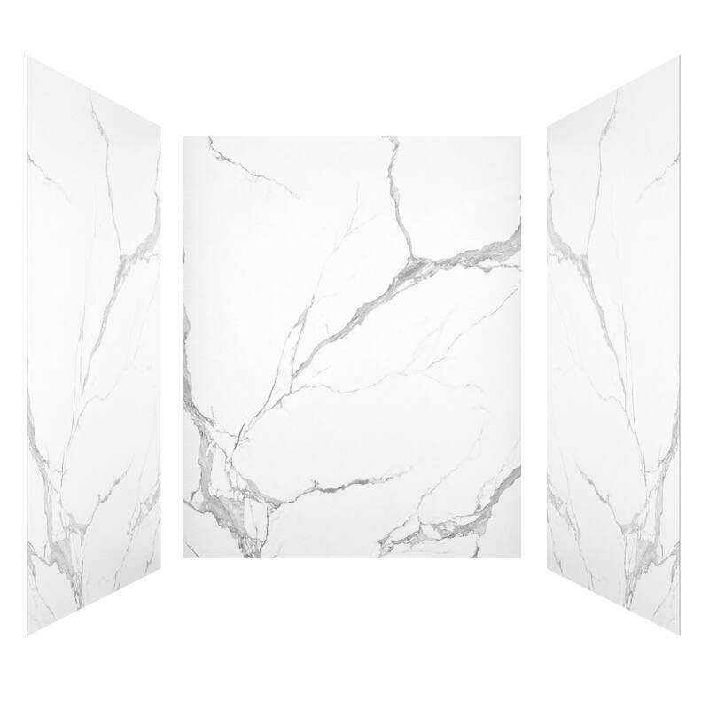 3-Piece Glue-Up SMC Composite Alcove Shower Wall Surround Kit, Waterproof Easy-Clean Shower Panels - White with Grey Marble Look - 60' x 36" x 75"