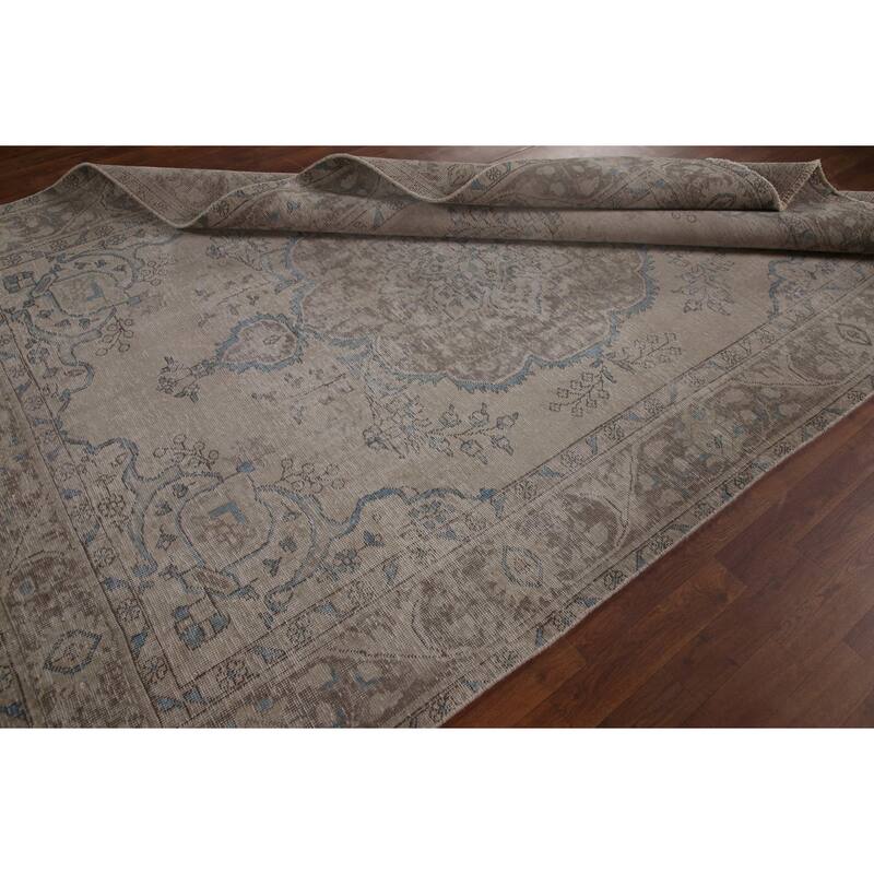 Beige Distressed Tabriz Persian Antique Area Rug Handmade Wool Carpet - 6'5" x 9'4"