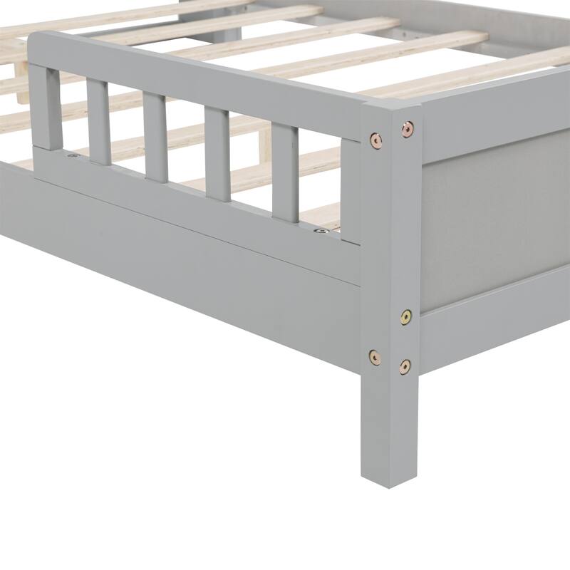 Full Size Pine Bed w/ Bookcase Headboard ,LED Sensor Light, Guardrails