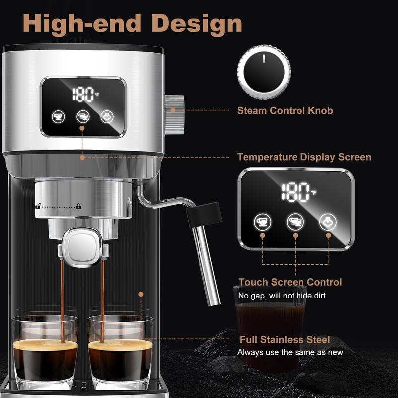 20 Bar Espresso Machine with Milk Frother Steam Wand, ESE Pod Compatible Cappuccino Latte Maker for Home