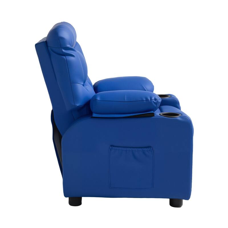 Blue Wooden Frame Kids Recliner with Adjustable Backrest, Cup Holders and Storage - 25.8 x 30.3 x 26.4 in