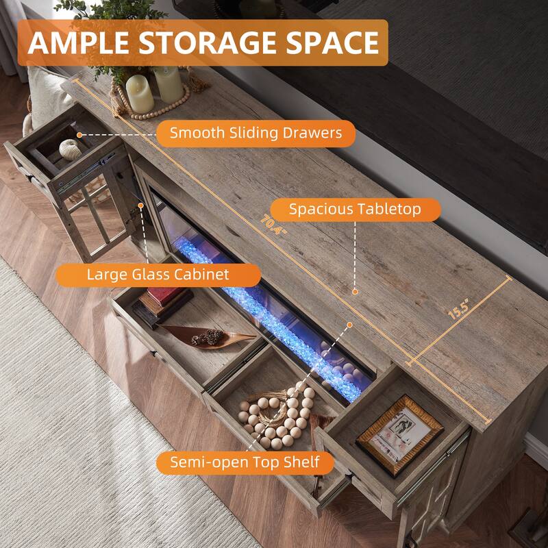 Fireplace TV Stand for 80" TV, Farmhouse Entertainment Center with LED