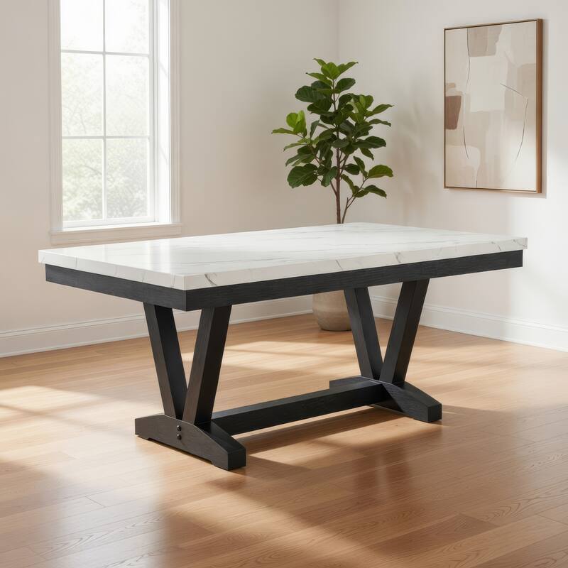 Vinz Dining Table, 72 Inch White Faux Marble Top, Black Trestle Base