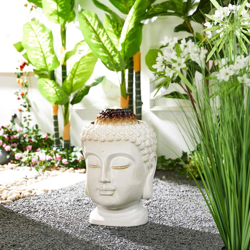 Glitzhome 18"H Zen-Style Buddha Head Ceramic LED Lighted Tabletop or Outdoor Floor Fountain