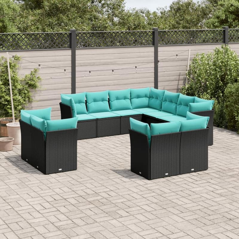 vidaXL 11 Piece Patio Sofa Set with Cushions Black Poly Rattan - 24.4x27.2x24.4-Without table