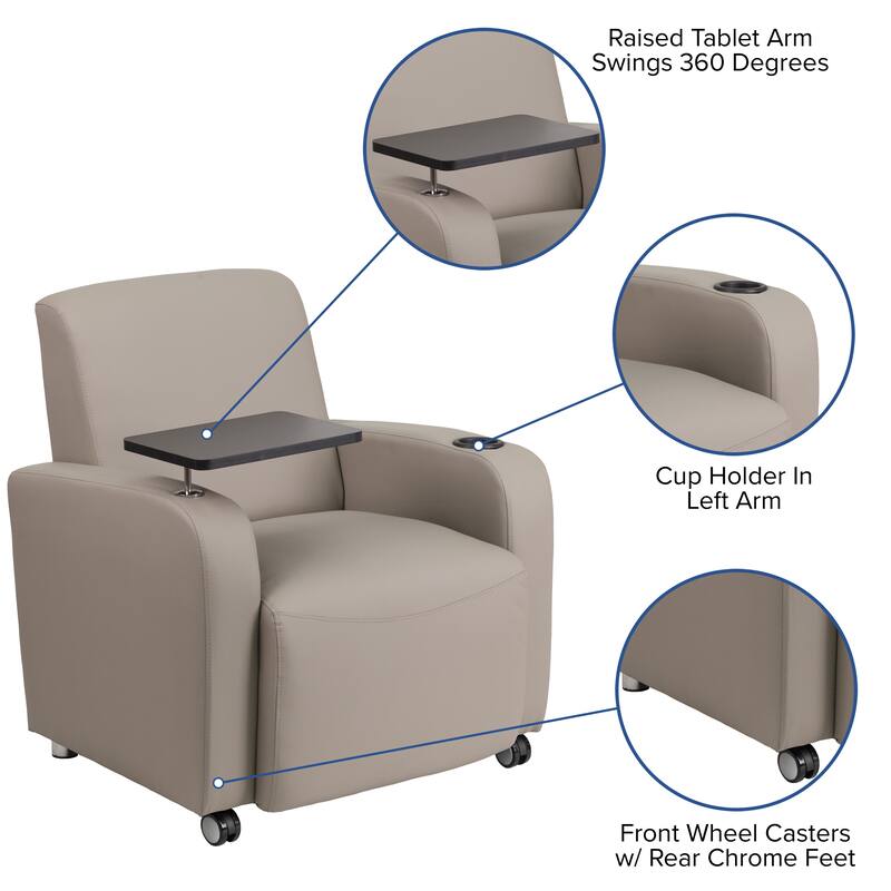 LeatherSoft Guest Chair with Tablet Arm, Front Wheel Casters and Cup Holder